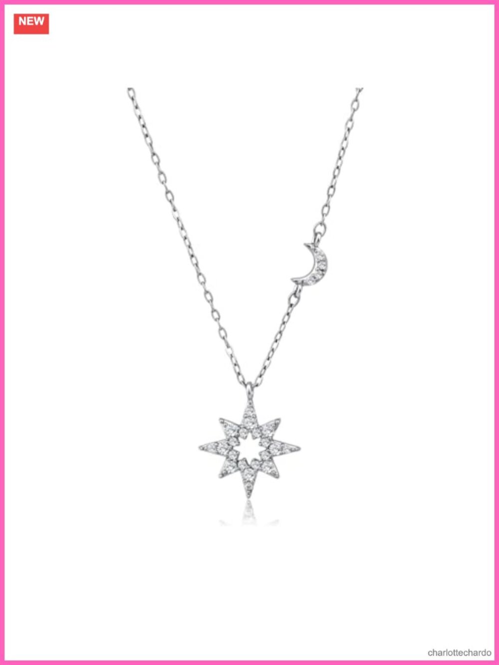 Silver Plated Star Moon Pendant Necklace Cubic Zirconia Adjustable Chain